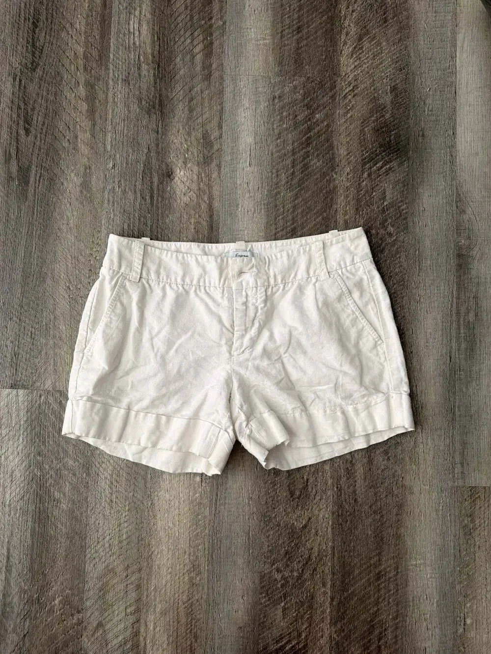 Express Women's White Linen Blend Cuffed Chino Shorts Size 6